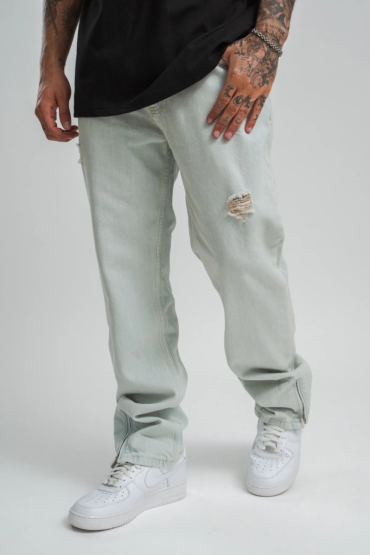 Dropsize Ripped Loose Fit Zip Jeans Washed Blue