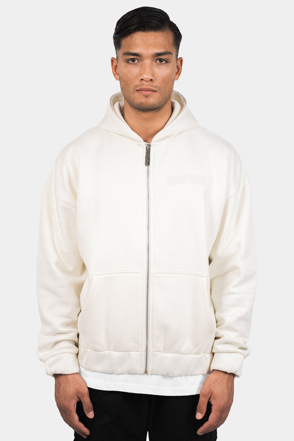 Dropsize Super Heavy Oversize Hd Print Zip Hoodie Cream White
