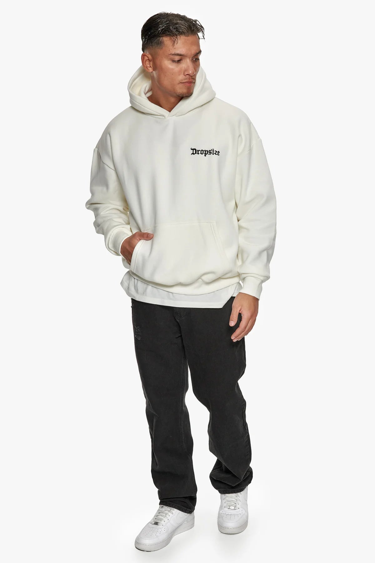 Dropsize Heavy Oversize Embo Small Logo Hoodie Cream White