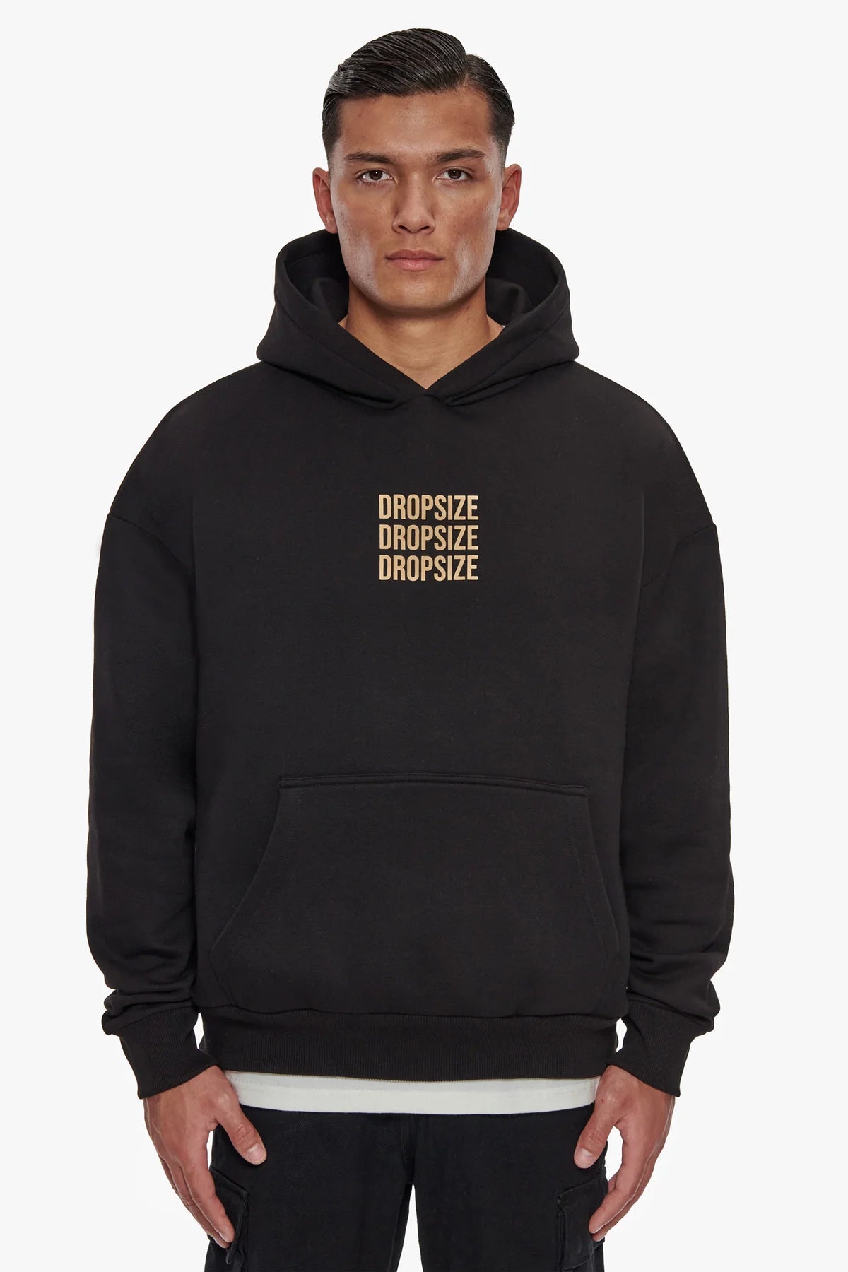 Dropsize Heavy Oversize Triple Logo Hoodie Black