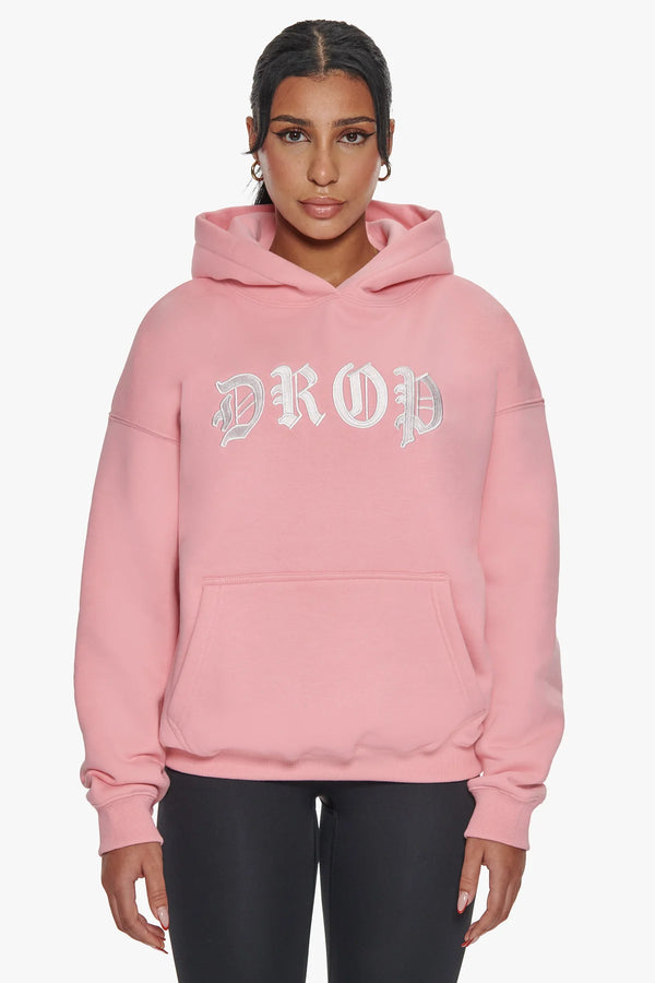 Dropsize Heavy Oversize Front Logo Hoodie Pink