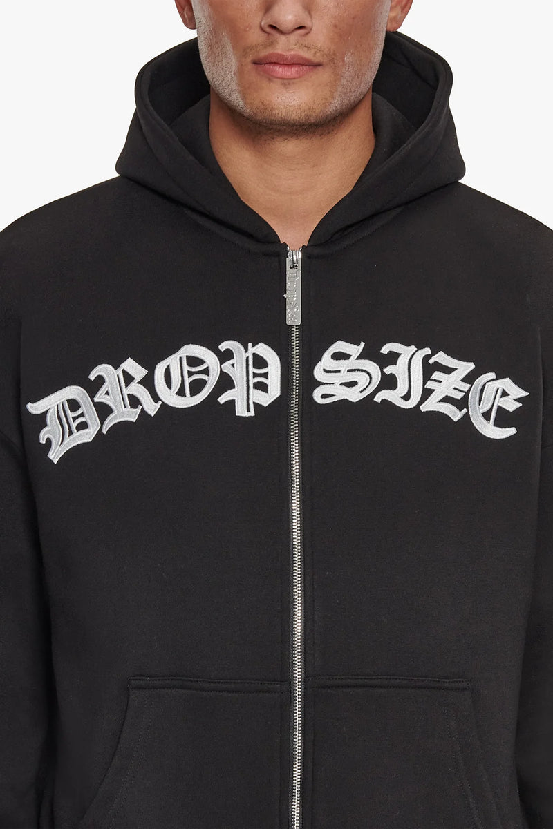 Dropsize Super Heavy Oversize Mid Front Embo Zip Hoodie Black