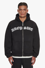 Dropsize Super Heavy Oversize Mid Front Embo Zip Hoodie Black