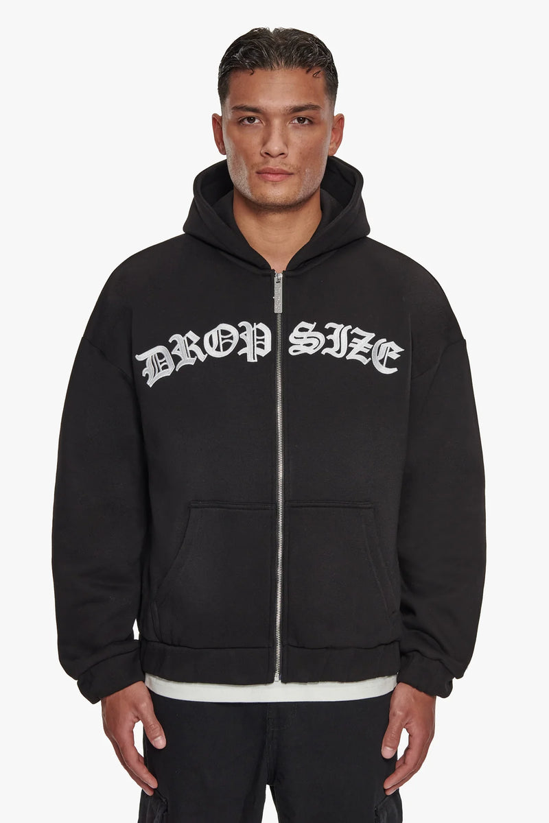 Dropsize Super Heavy Oversize Mid Front Embo Zip Hoodie Black