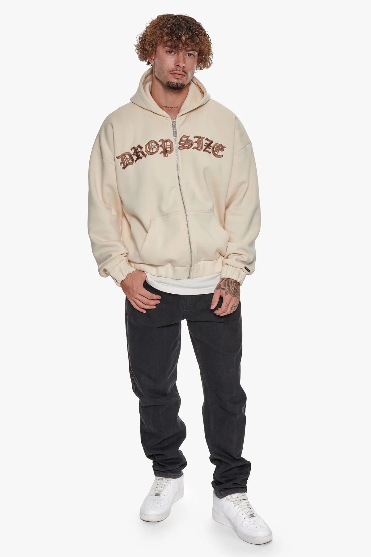 Dropsize Super Heavy Oversize Mid Front Embo Zip Hoodie Coconut Milk