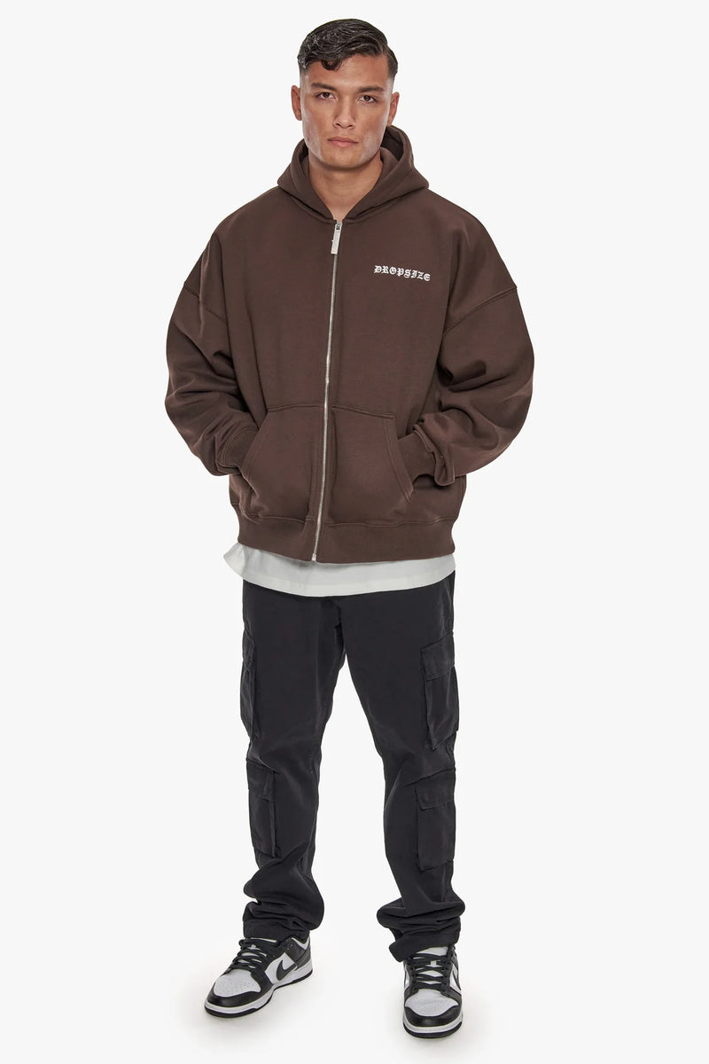 Dropsize Heavy Oversize Logo Zip Hoodie Chocolate Black