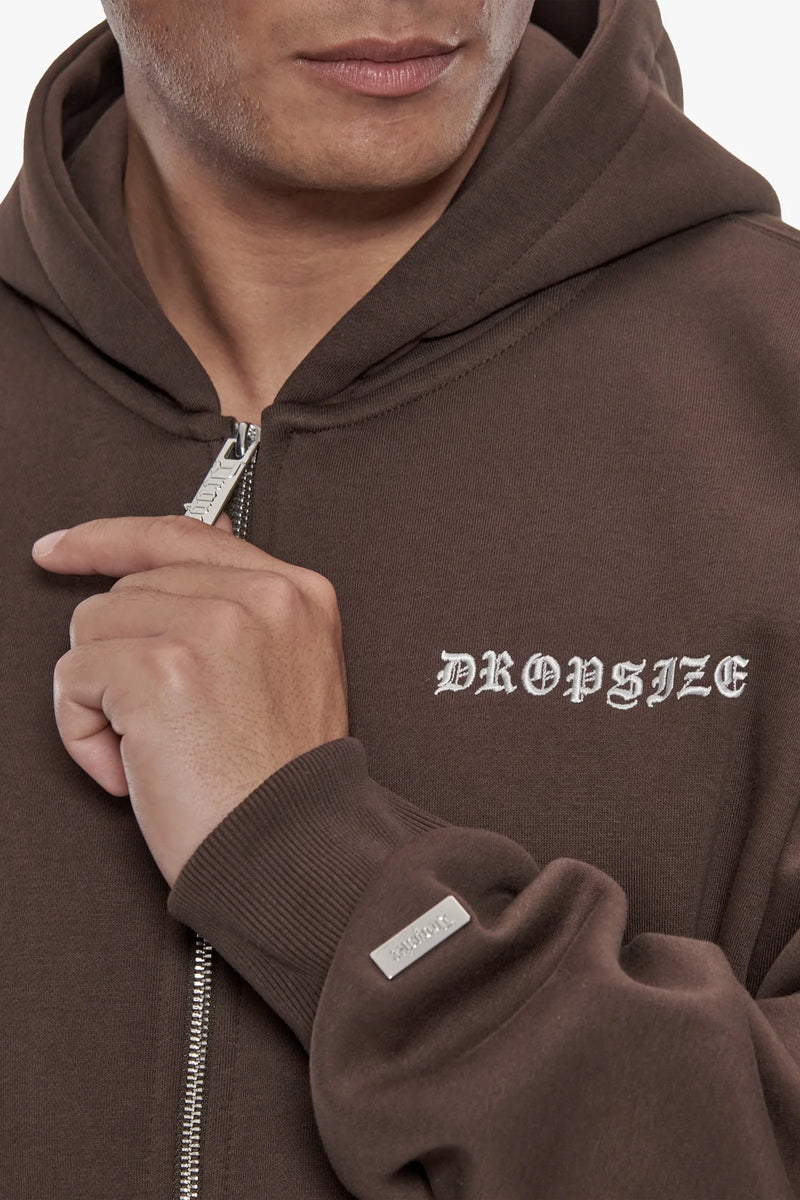 Dropsize Heavy Oversize Logo Zip Hoodie Chocolate Black