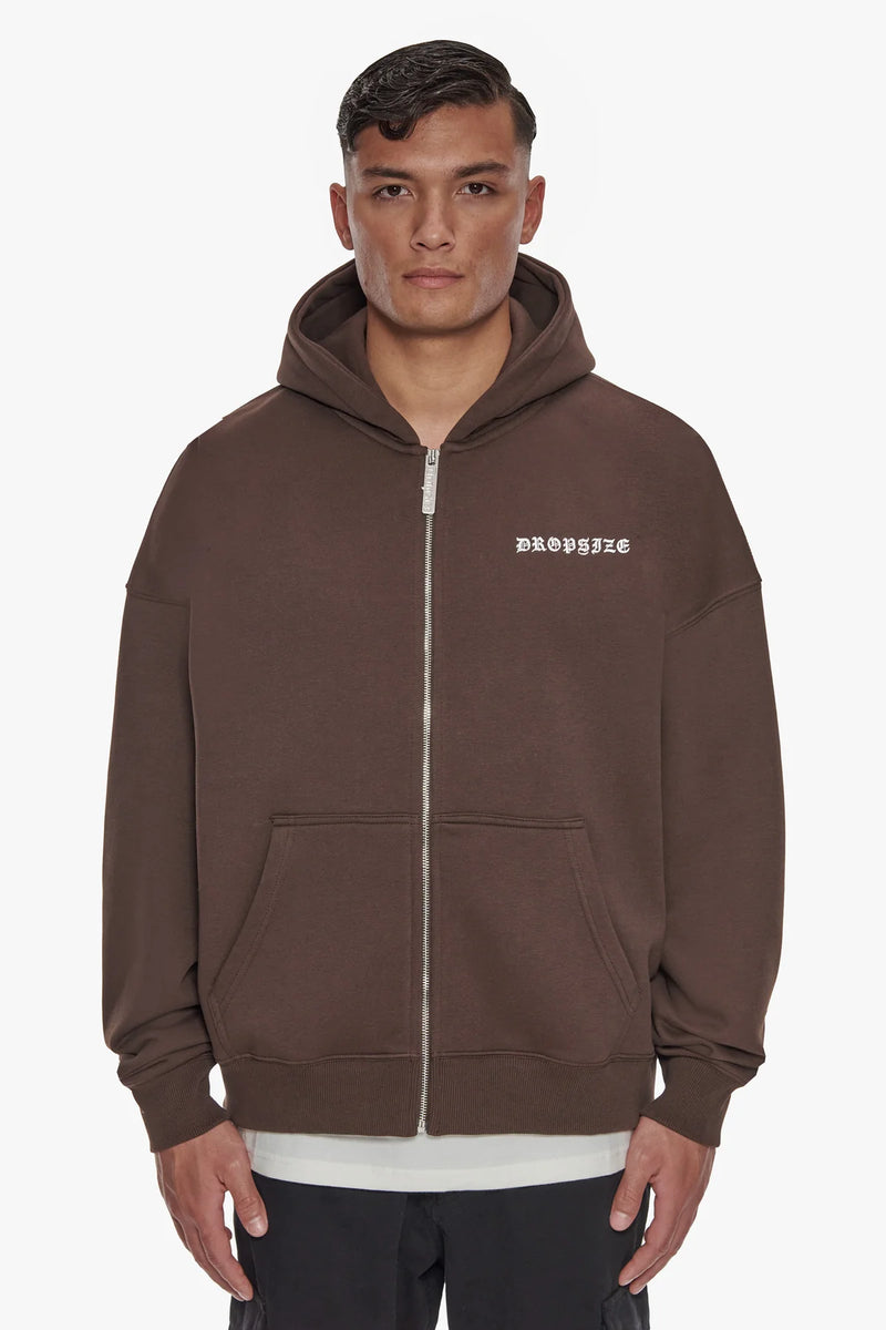 Dropsize Heavy Oversize Logo Zip Hoodie Chocolate Black