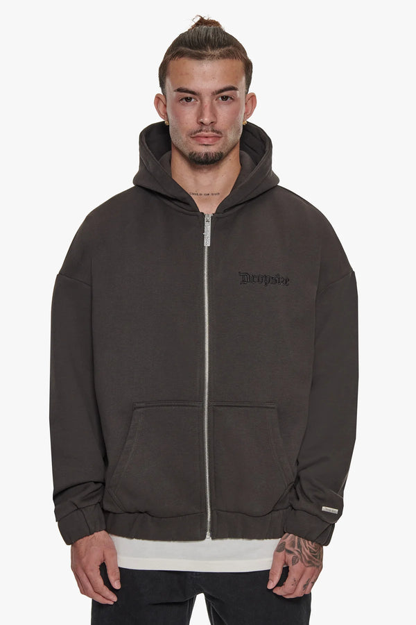 Dropsize Heavy Oversized Triple Logo Zip Hoodie Washed Black