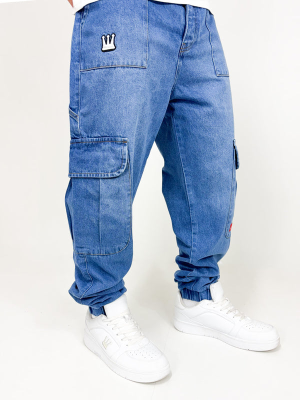 DADA Supreme Cuffed Worker Cargo Baggy Jeans Blue - Soulsideshop