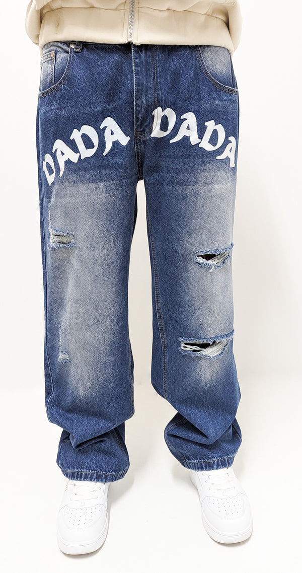 Dada Supreme Front Logo Loose Fit Jeans Destroyed Intense Blue Wash - Soulsideshop