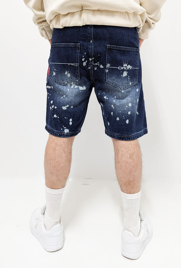 Dada Supreme Splatter Loose Fit Jeans Shorts in Intense Blue Wash