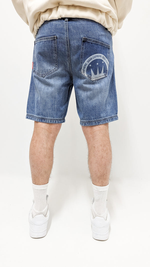 Dada Supreme Coin Crown Loose Fit Jeans Shorts Mid Blue Washed - Soulsideshop