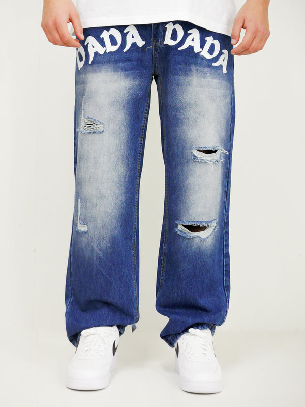 Dada Supreme Front Logo Destroyed Loose Fit Jeans Blue Washed - Soulsideshop