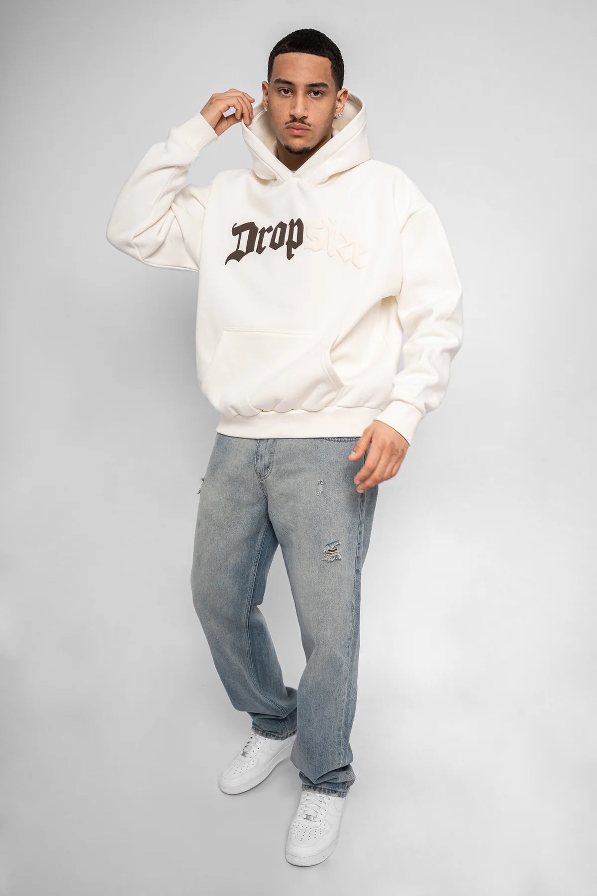 Dropsize Heavy Oversize Split Logo Hoodie Cream White