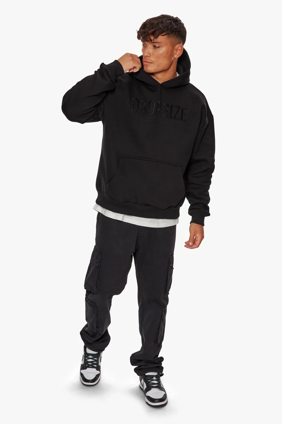 Dropsize Heavy Oversize Flat Front Embo Hoodie Black