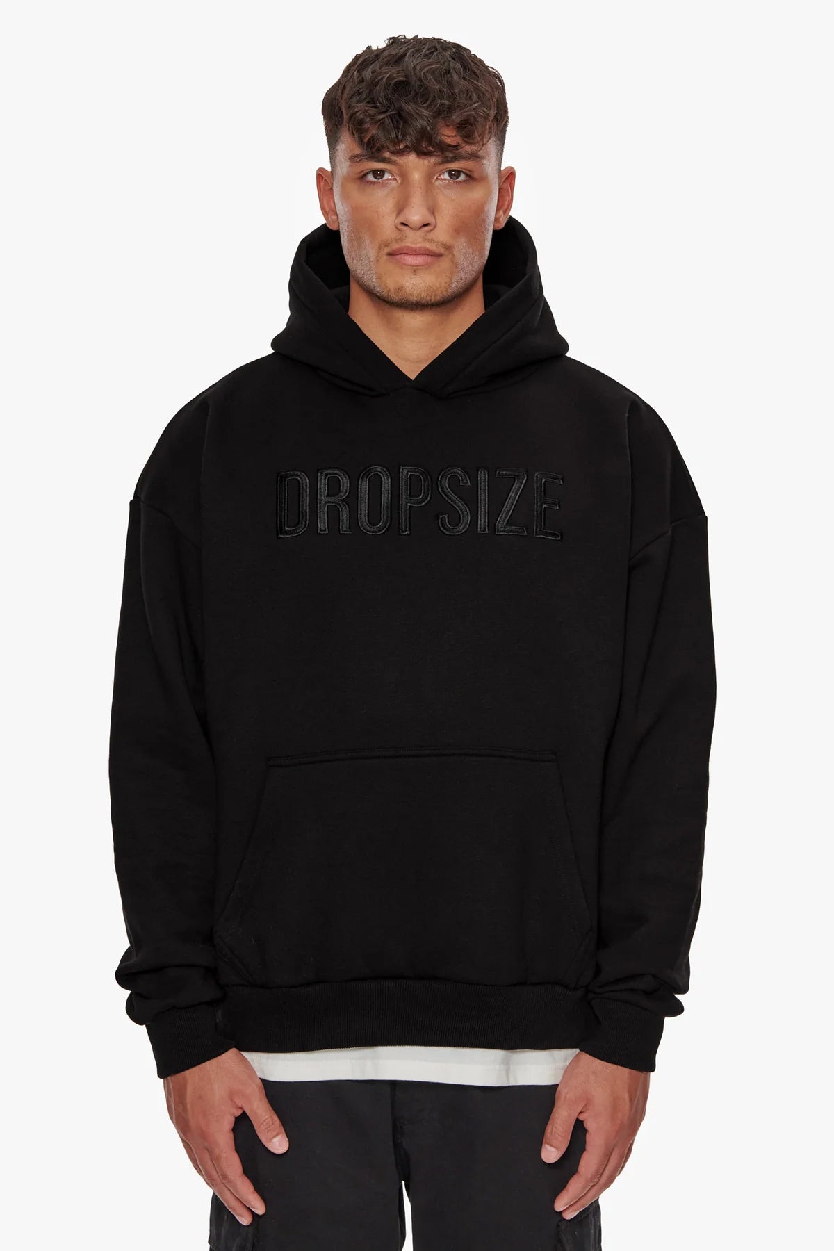 Dropsize Heavy Oversize Flat Front Embo Hoodie Black