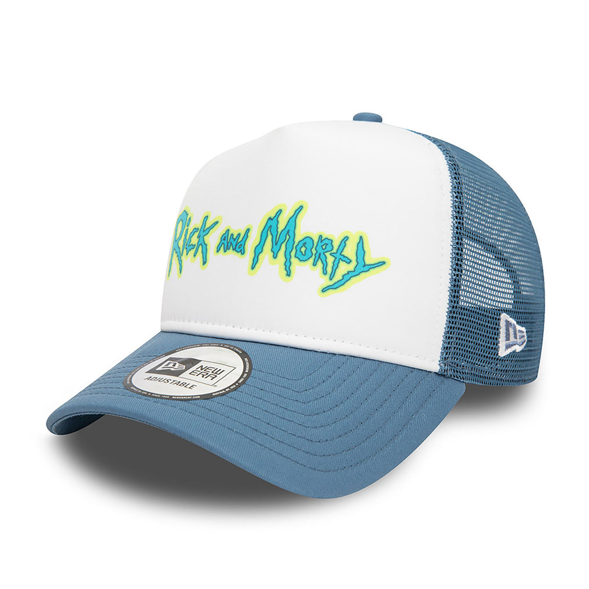 New Era Rick And Morty Wordmark A-Frame Trucker Cap Blue - Soulsideshop