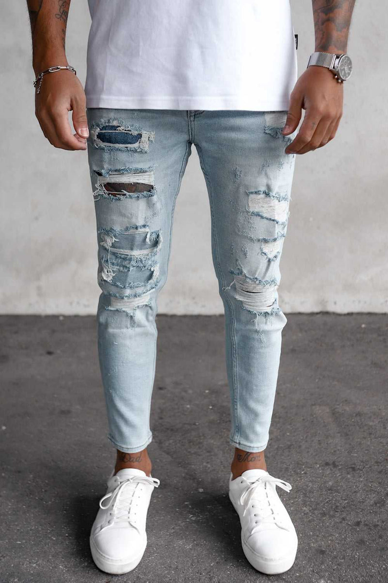 2Y Destroyed Skinny Cropped Denim Jeans Light Blue