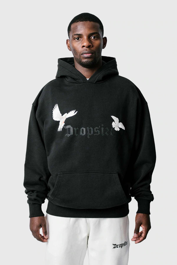 Dropsize Heavy Oversize White Doves Hoodie Washed Black