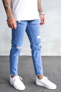 2Y Destroyed Tapered Denim Jeans Mid Blue