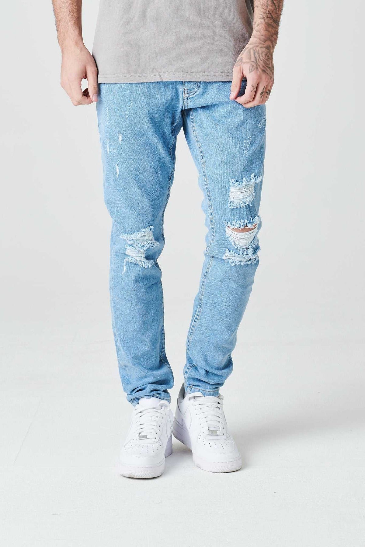 2Y Destroyed Slim Fit Denim Jeans Light Blue