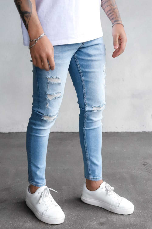 2Y Destroyed Cropped Skinny Denim Jeans Blue