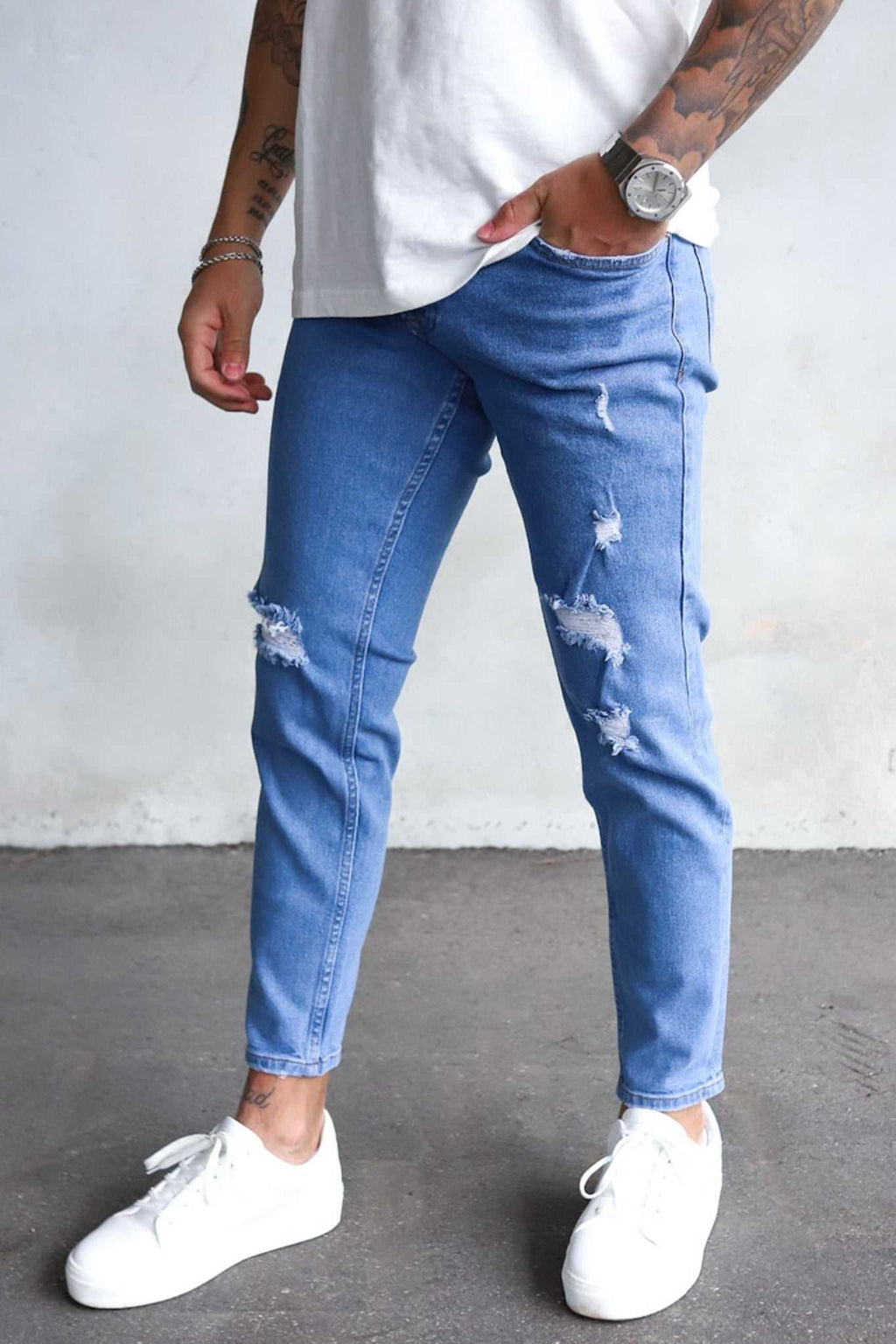2Y Destroyed Tapered Denim Jeans Mid Blue
