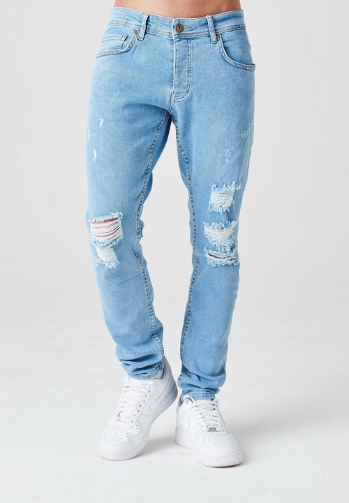2Y Destroyed Straight Fit Denim Jeans Light Blue