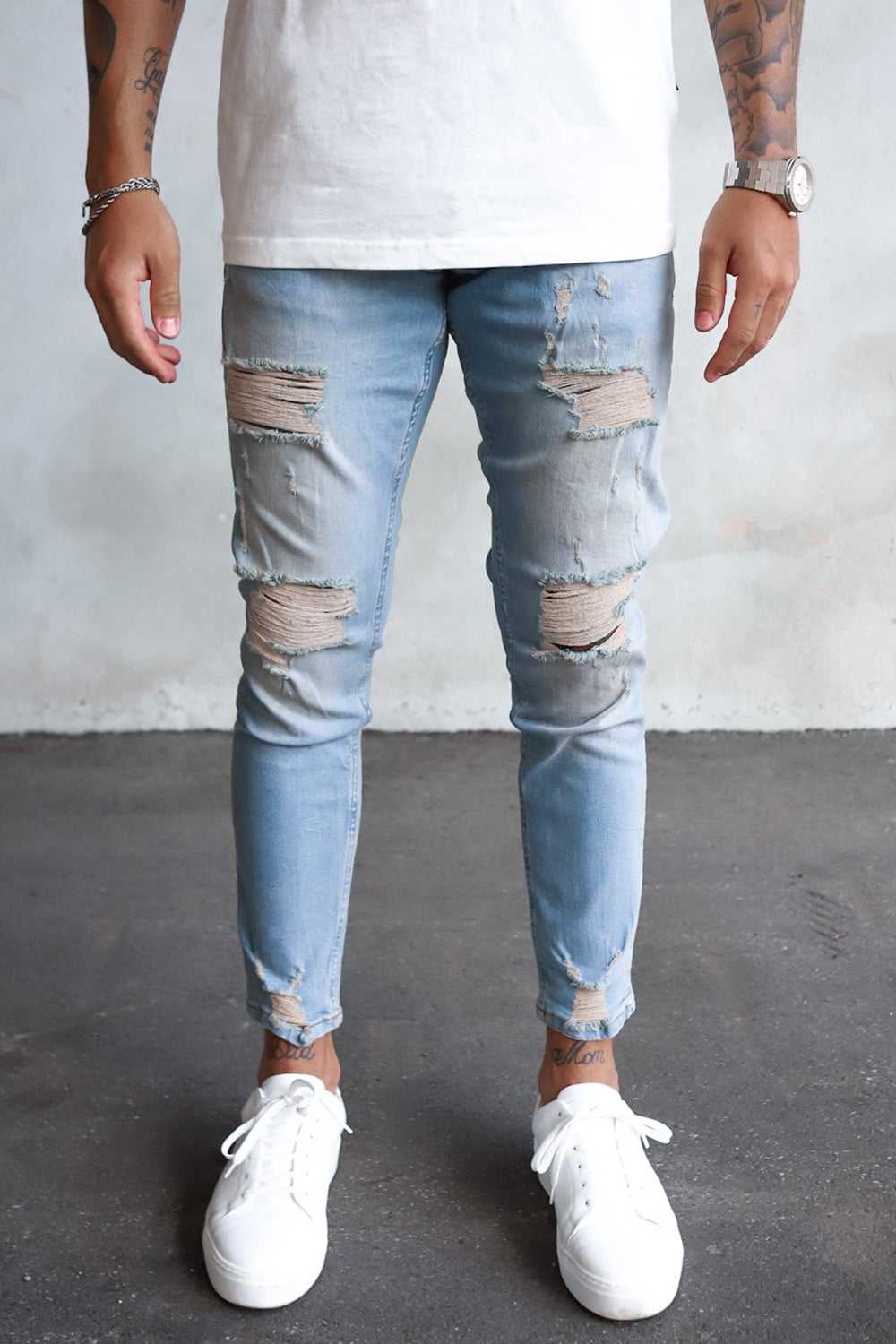 2Y Destroyed Cropped Skinny Denim Washed Blue