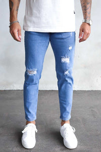 2Y Destroyed Tapered Denim Jeans Mid Blue