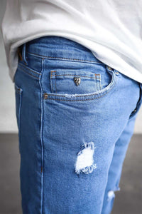 2Y Destroyed Tapered Denim Jeans Mid Blue