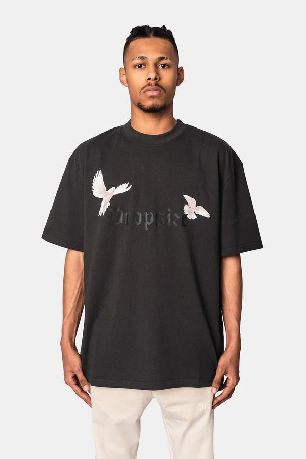 Heavy Oversize White Doves T-Shirt Washed Black