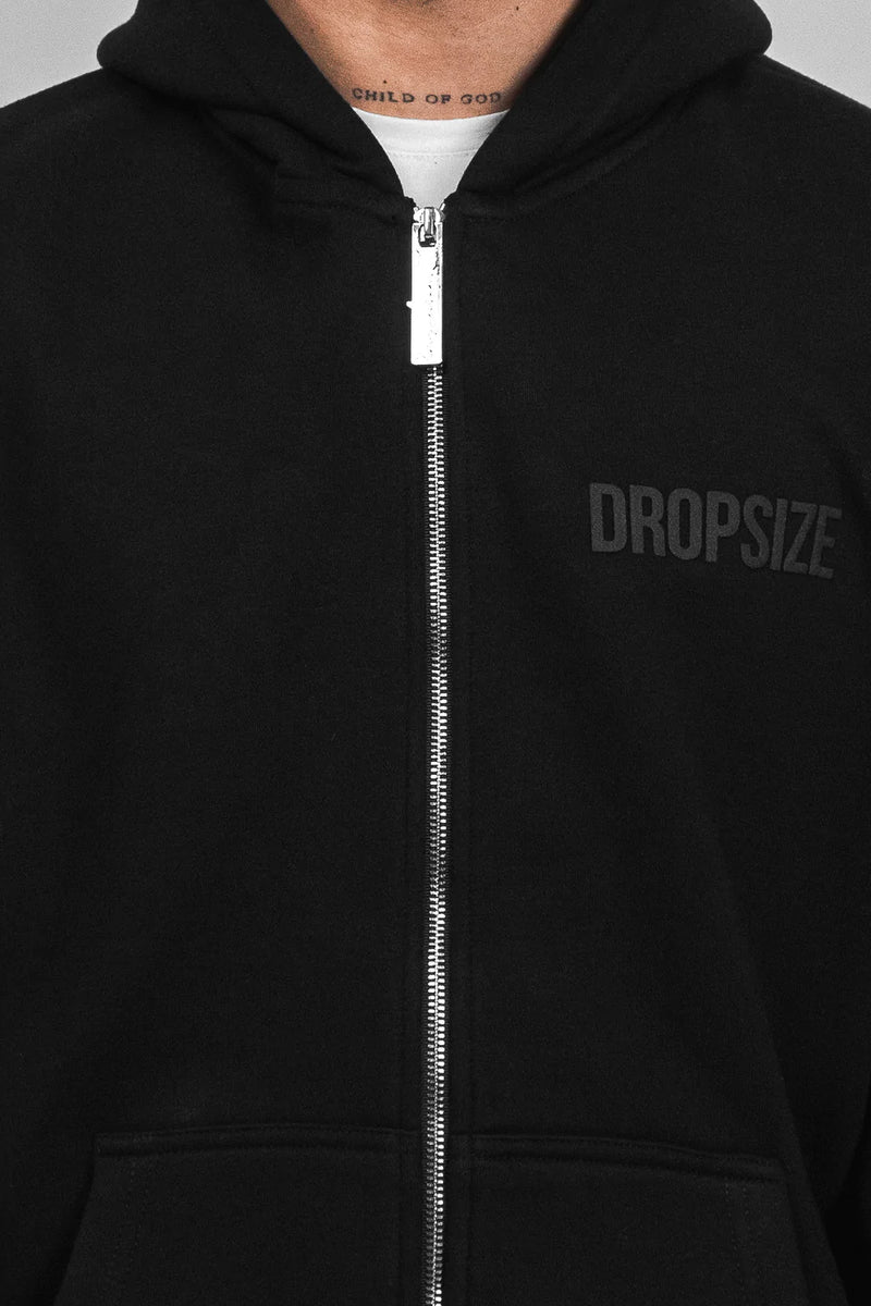 Dropsize Super Heavy Oversize HD Print Zip Hoodie Black
