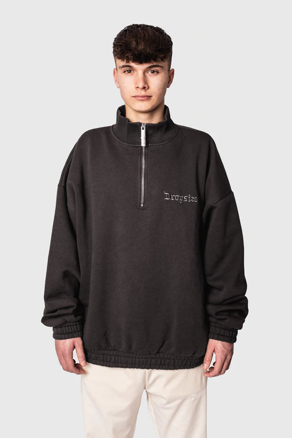 Dropsize Heavy Oversize Half Zip Hoodie Washed Black