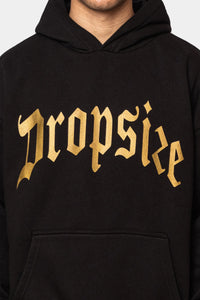 Dropsize Heavy Oversize Golden Logo Design Hoodie Black