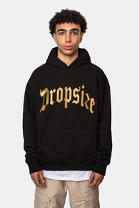 Dropsize Heavy Oversize Golden Logo Design Hoodie Black