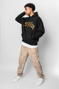 Dropsize Heavy Oversize Golden Logo Design Hoodie Black