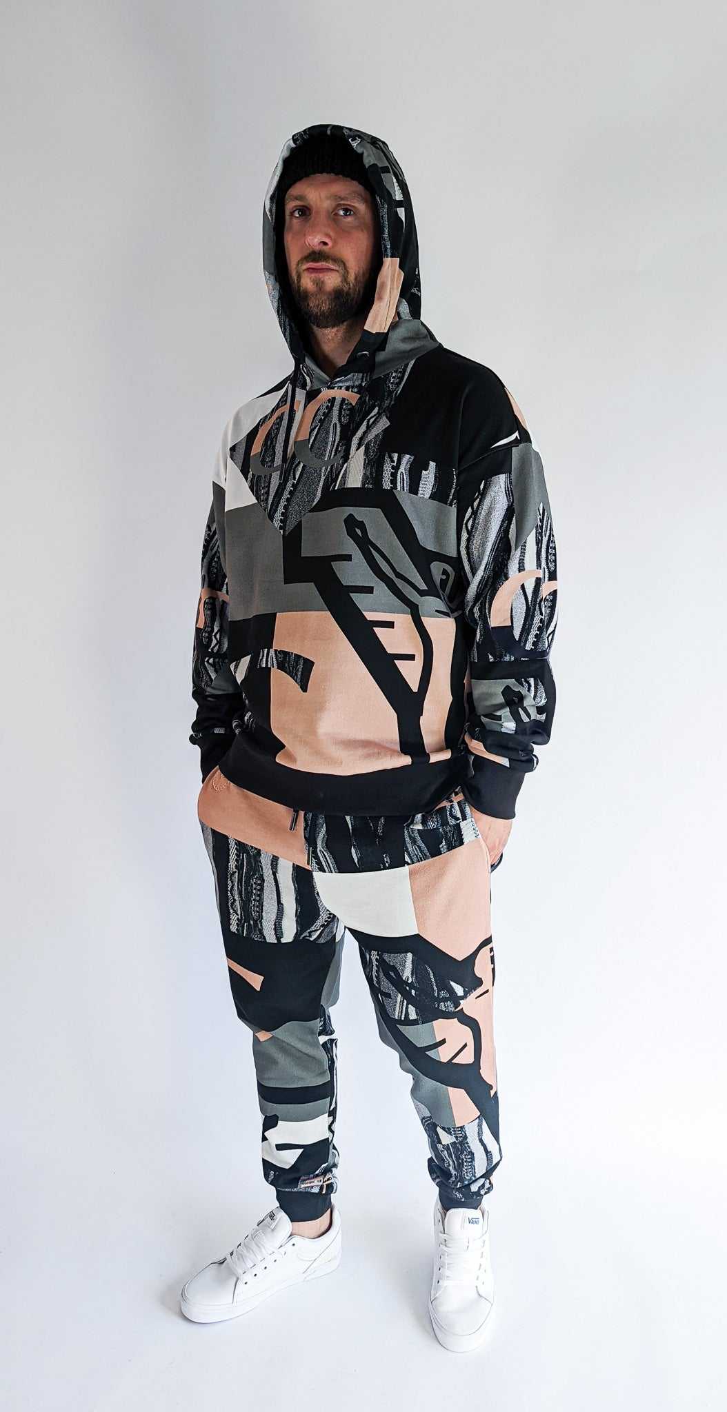 Carlo Colucci Allover Print Hoodie Black Grey Rose Soulsideshop