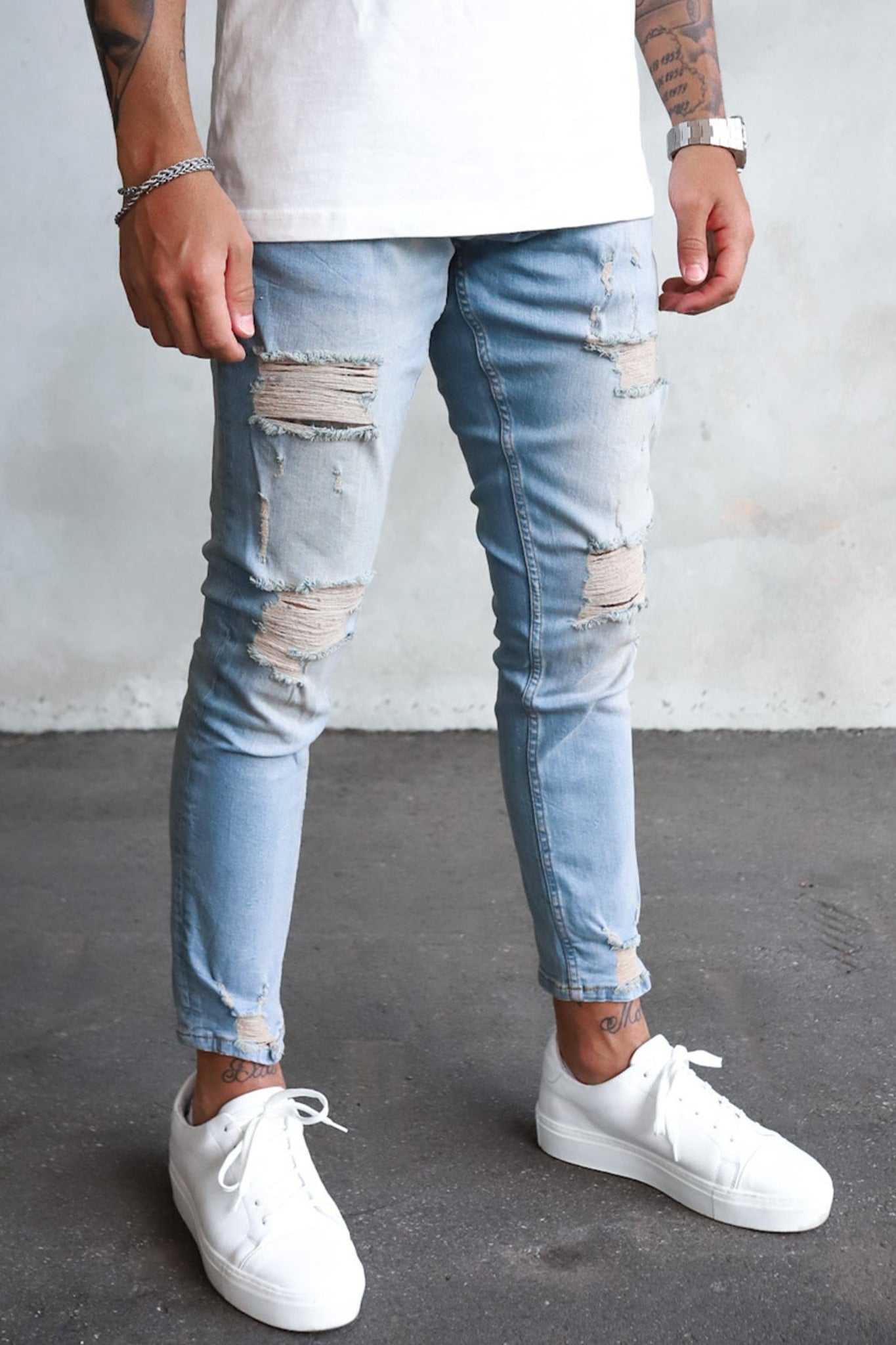 2Y Destroyed Cropped Skinny Denim Washed Blue
