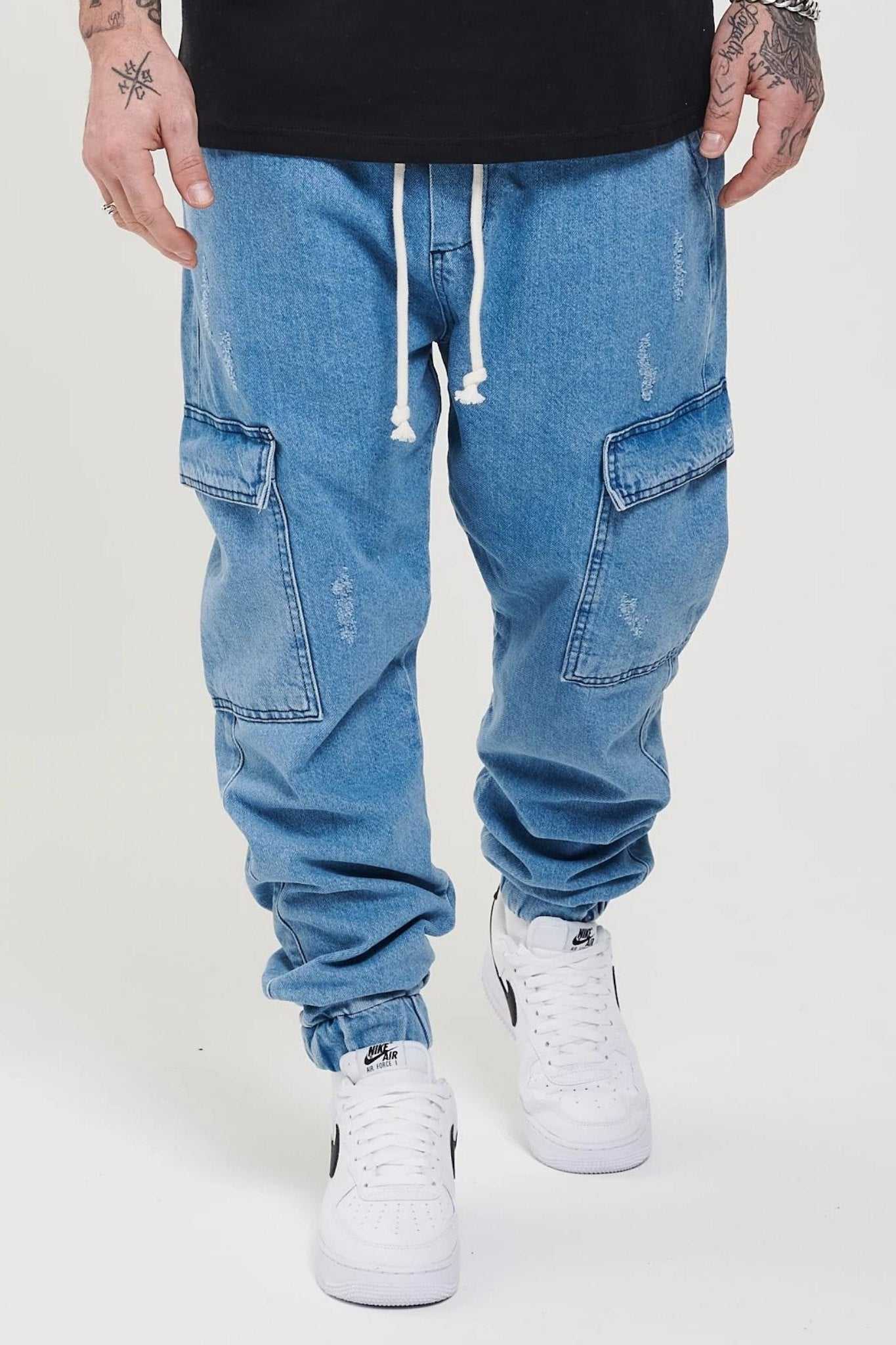 2Y Distressed Antifit Cargo Jeans Blue
