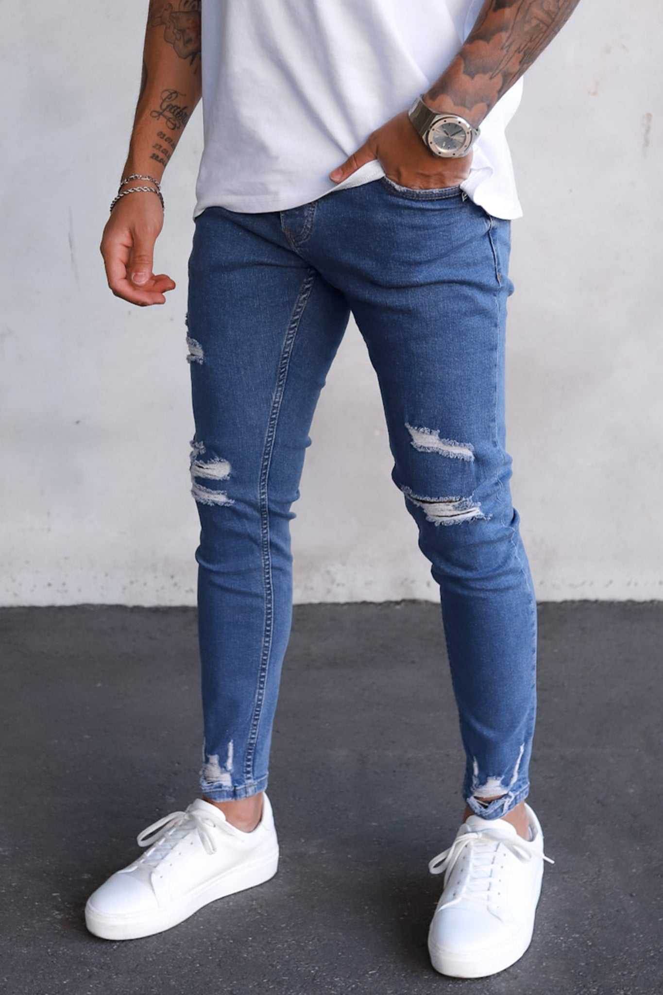 2Y Destroyed Cropped Skinny Denim Jeans Mid Blue